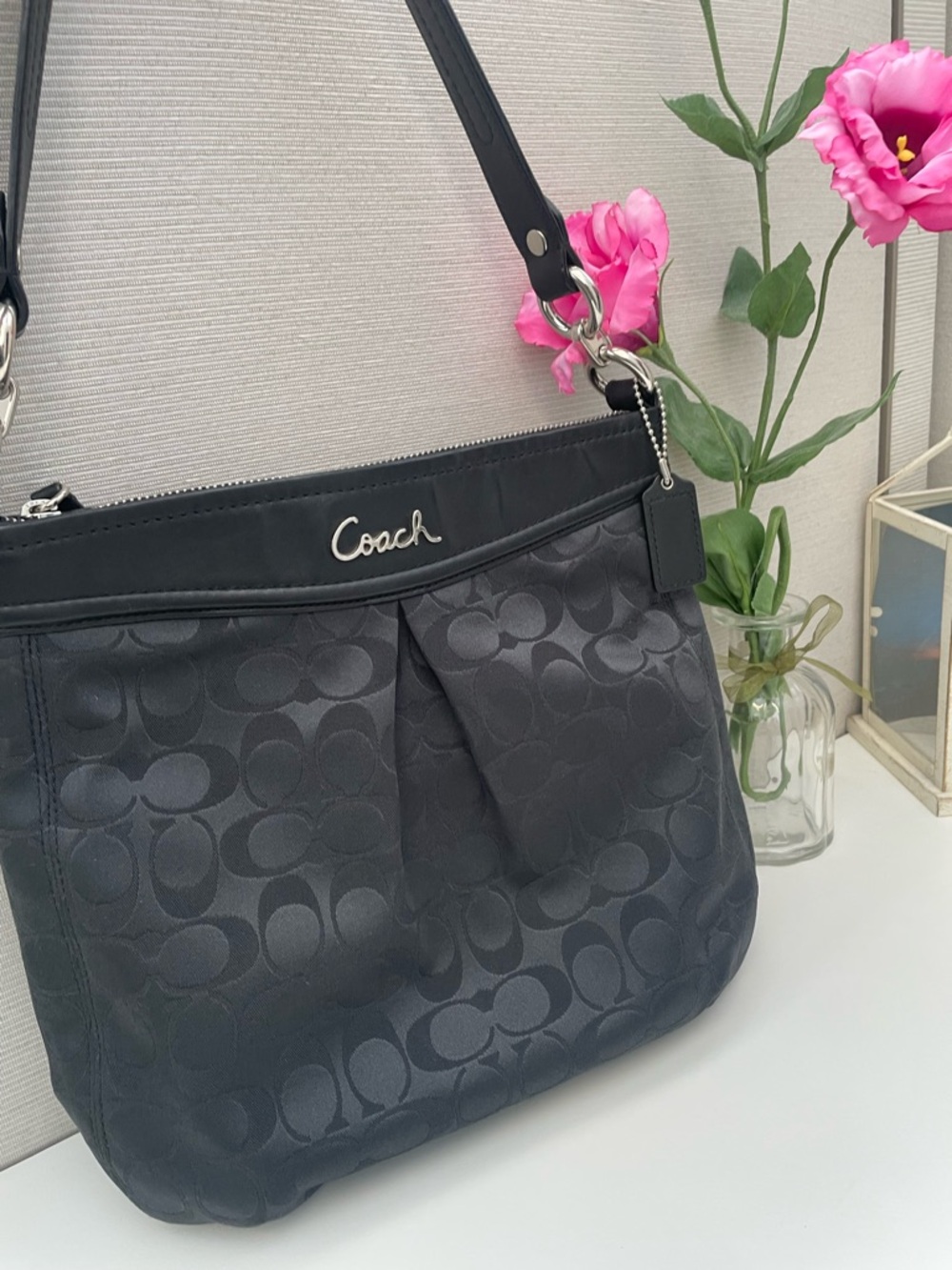 Coach Black Signature Nylon Shoulder Bag with Silver Hardware